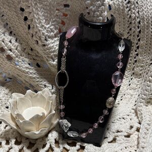 1928 Pink and Clear Crystal Beaded Necklace - Silver Accents